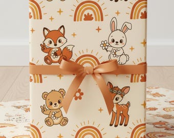 Boho Woodland Animal Wrapping Paper, Retro Rainbow Baby Shower Wrap