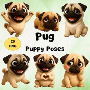 20 Pug Puppy Clipart PNGs – Cute 3D Cartoon Dog Poses – Digital Paper Craft – High Quality Animal Images with Commercial Use