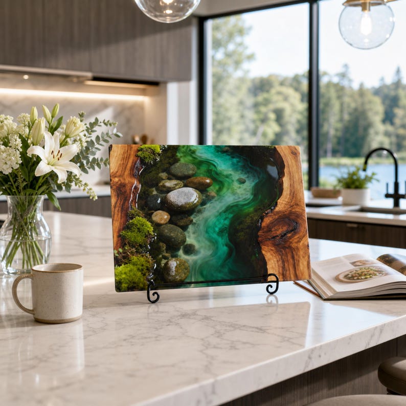 May include: A rectangular wooden serving board featuring a central resin inlay that mimics a flowing river with vibrant green and turquoise hues, embedded with smooth river stones and patches of green moss, displayed on a black metal stand.