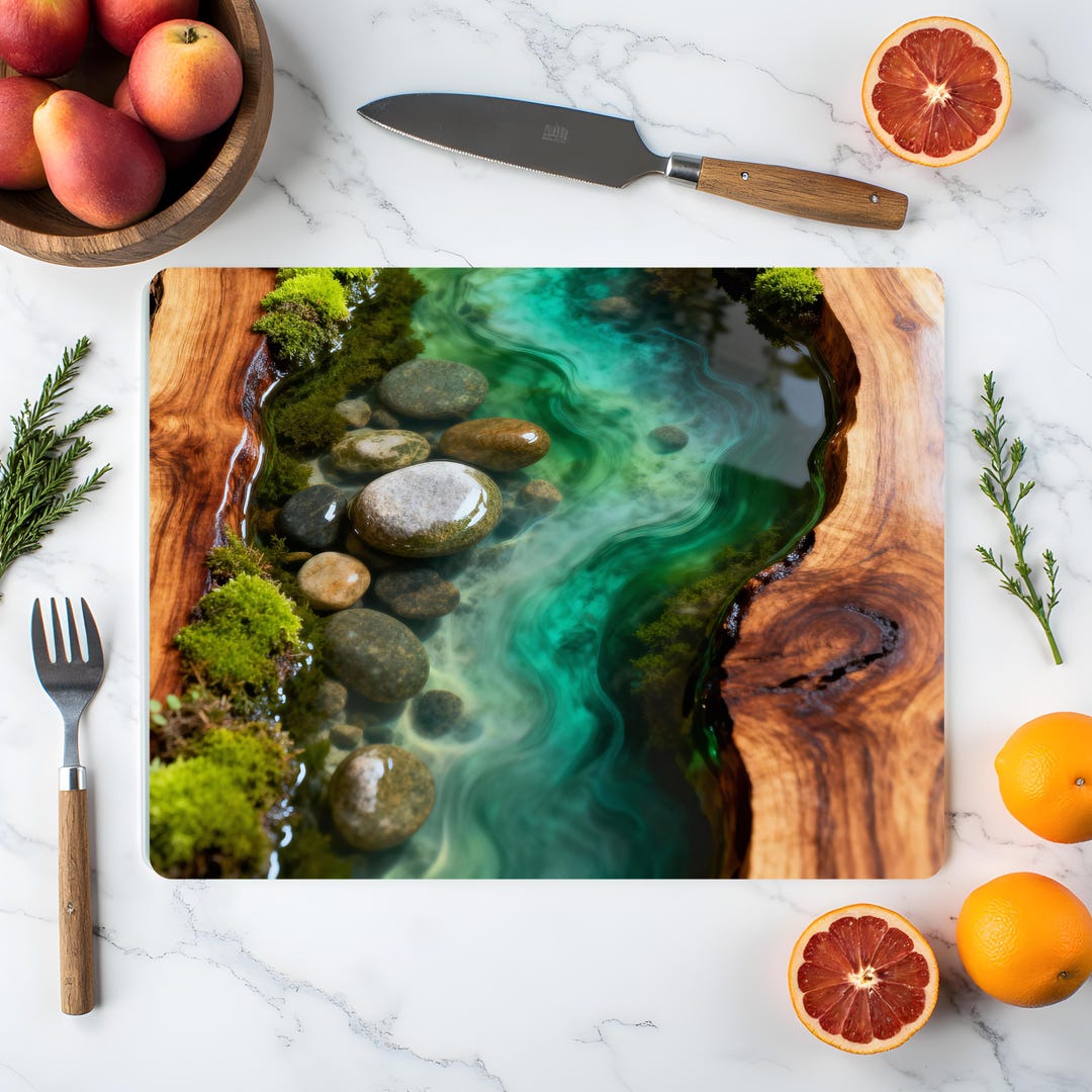 River Rock Resin Art Glass Cutting Board | Epoxy Wood River Scene - Etsy