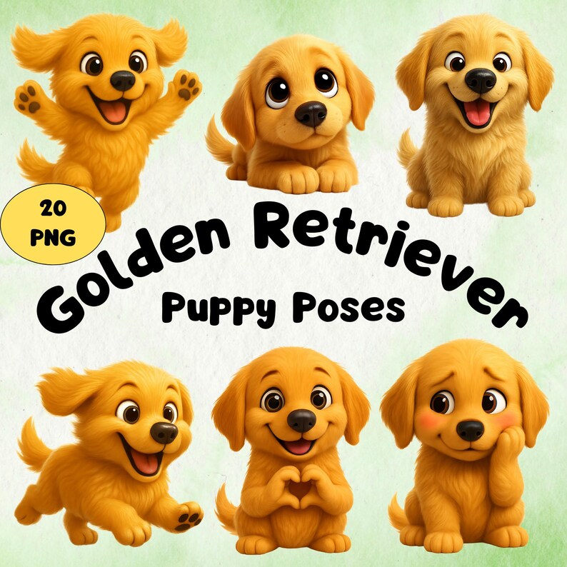 20 Golden Retriever Puppy Clipart Pngs – Cute 3D Cartoon Dog Poses ...