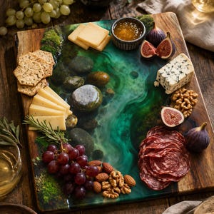 River Rock Art Glass Cutting Board | Emerald Green River Kitchen Decor | Rustic Nature Charcuterie Board Gift image 4