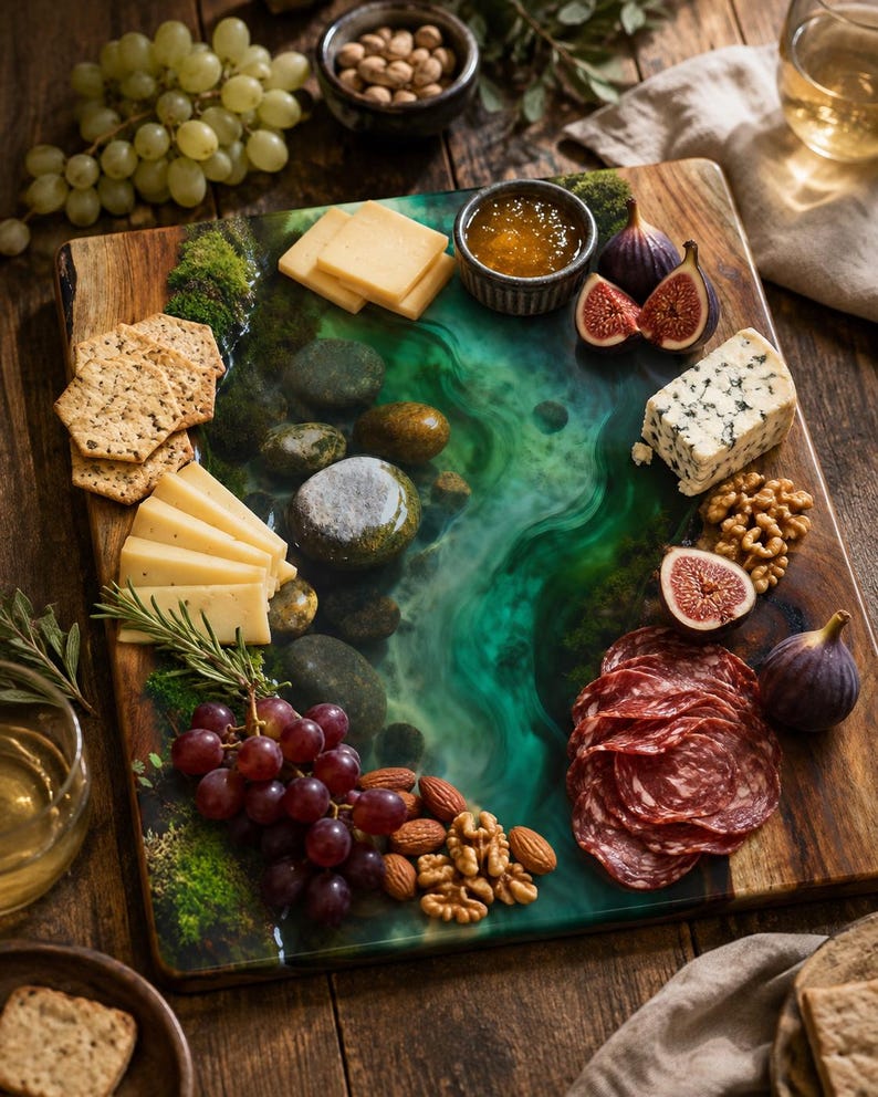 River Rock Art Glass Cutting Board | Emerald Green River Kitchen Decor | Rustic Nature Charcuterie Board Gift image 4