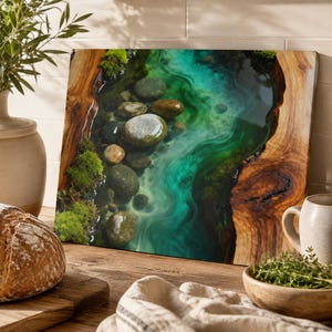 River Rock Art Glass Cutting Board | Emerald Green River Kitchen Decor | Rustic Nature Charcuterie Board Gift image 5