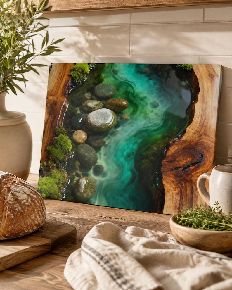 River Rock Art Glass Cutting Board | Emerald Green River Kitchen Decor | Rustic Nature Charcuterie Board Gift image 5