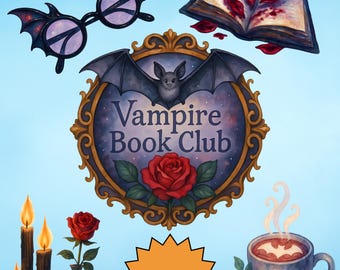 May include: Digital illustration featuring various elements with a vampire theme. Includes bat-shaped glasses, an open book with red accents, a sign that reads "Vampire Book Club", roses, candles, and a mug with a bat symbol. The image also includes the text "15 PNGs".