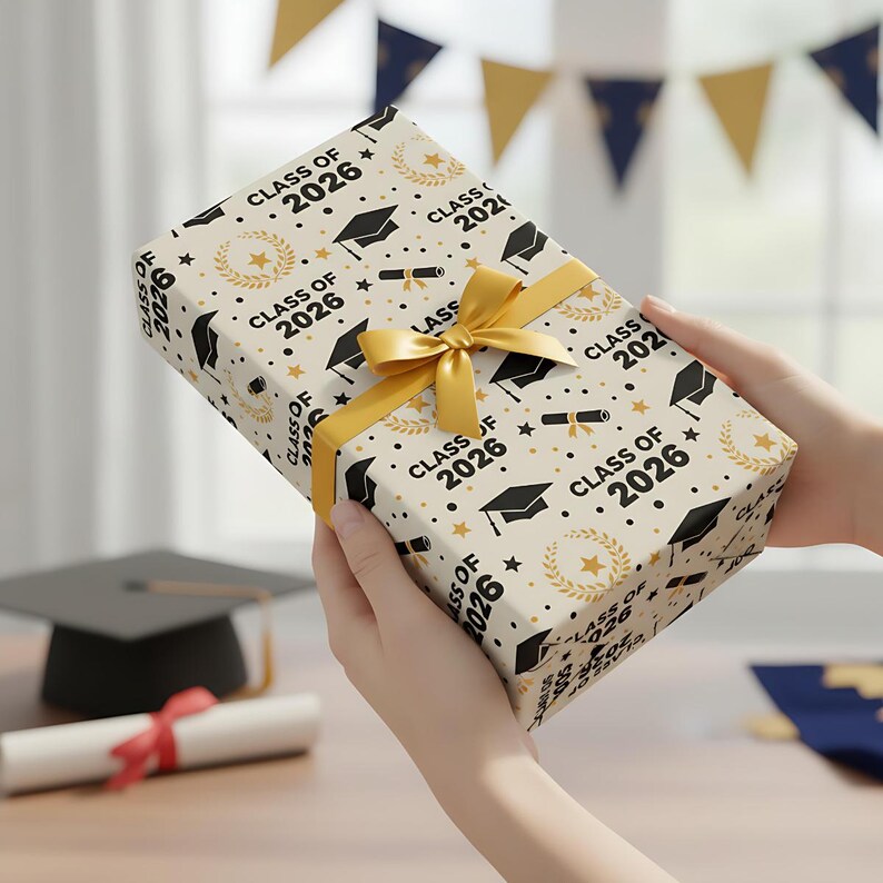 Class of 2026 Graduation Wrapping Paper, Black and Gold Grad Gift Wrap ...
