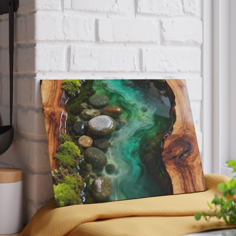River Rock Art Glass Cutting Board | Emerald Green River Kitchen Decor | Rustic Nature Charcuterie Board Gift image 7
