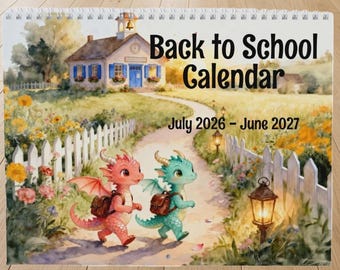 Calendario del ritorno a scuola con draghi 2026-2027 / Agenda scolastica fantasy ad acquerello / Calendario da parete con un simpatico cucciolo di drago