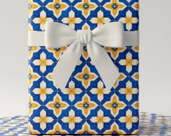 Mediterranean Tile Wrapping Paper, Blue and Gold Geometric Gift Wrap