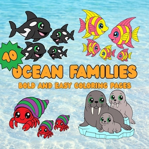 Ocean Families Coloring Pages | Bold Sea Life Pages for Kids & Seniors | Easy Ocean Animal PDF Download