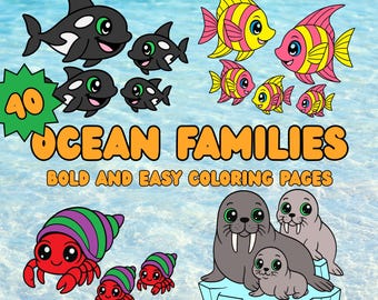 Dibujos para colorear de familias del océano / Dibujos de vida marina para niños y adultos mayores / Descarga fácil de PDF de animales del océano