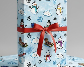 May include: A wrapped gift with light blue wrapping paper decorated with snowmen, snowflakes, clouds, and sleds. A red ribbon is tied around the gift. The snowmen wear hats and scarves.