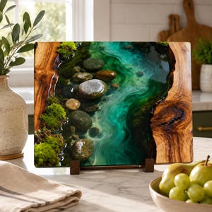 River Rock Art Glass Cutting Board | Emerald Green River Kitchen Decor | Rustic Nature Charcuterie Board Gift image 2