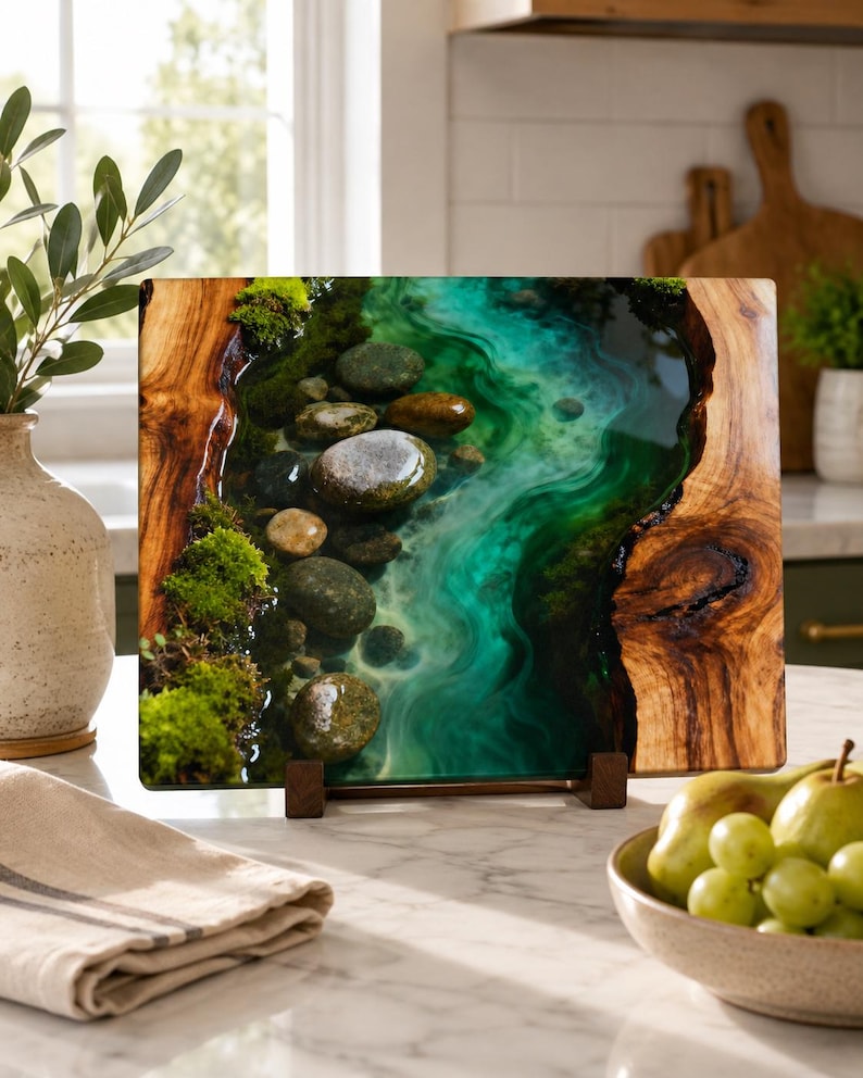 River Rock Art Glass Cutting Board | Emerald Green River Kitchen Decor | Rustic Nature Charcuterie Board Gift image 2