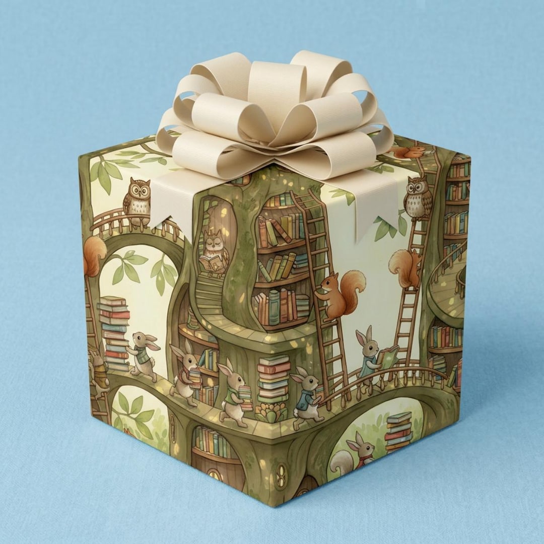 Whimsical Woodland Library Wrapping Paper – Forest Animal Book Tree ...