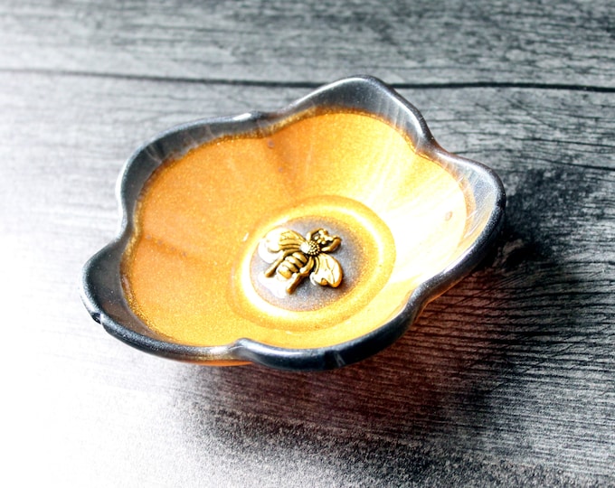 floral ring dish small flower bowl with bee black and gold candle holder trinket dish ring dish knick knack bowl