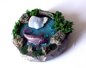 koi pond, unique gift, good luck, koi fish diorama, fishpond for fairy garden