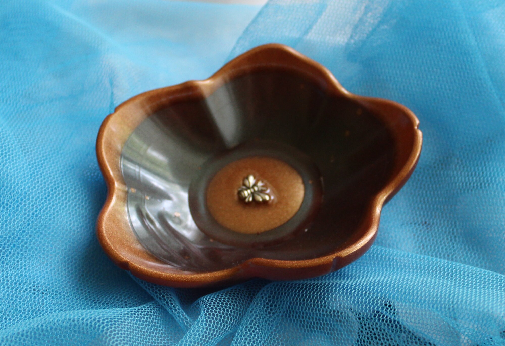 floral ring dish small flower bowl with bee black and gold candle holder trinket dish ring dish knick knack bowl