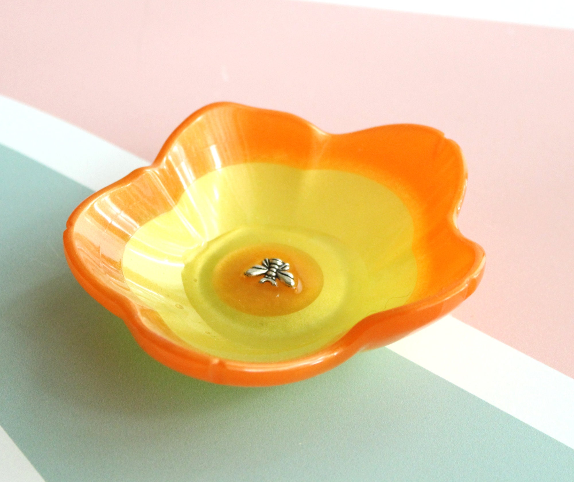 floral ring dish small flower bowl with bee black and gold candle holder trinket dish ring dish knick knack bowl