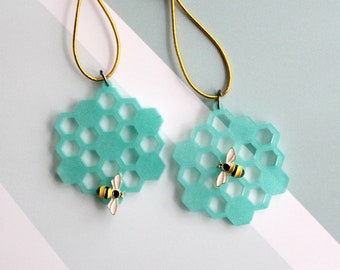 honeycomb ornaments, set of 2, green, miniature tree, spring ornaments, summer ornaments