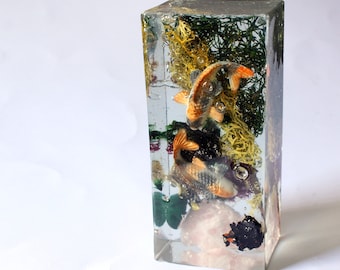 koi fishpond, tabletop decoration, micro landscape, resin rectangle, unique gift, good luck, koi fish diorama