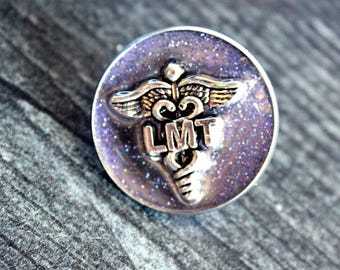 licensed massage therapist LMT lapel pin for white coat pinning ceremony sparkle purple