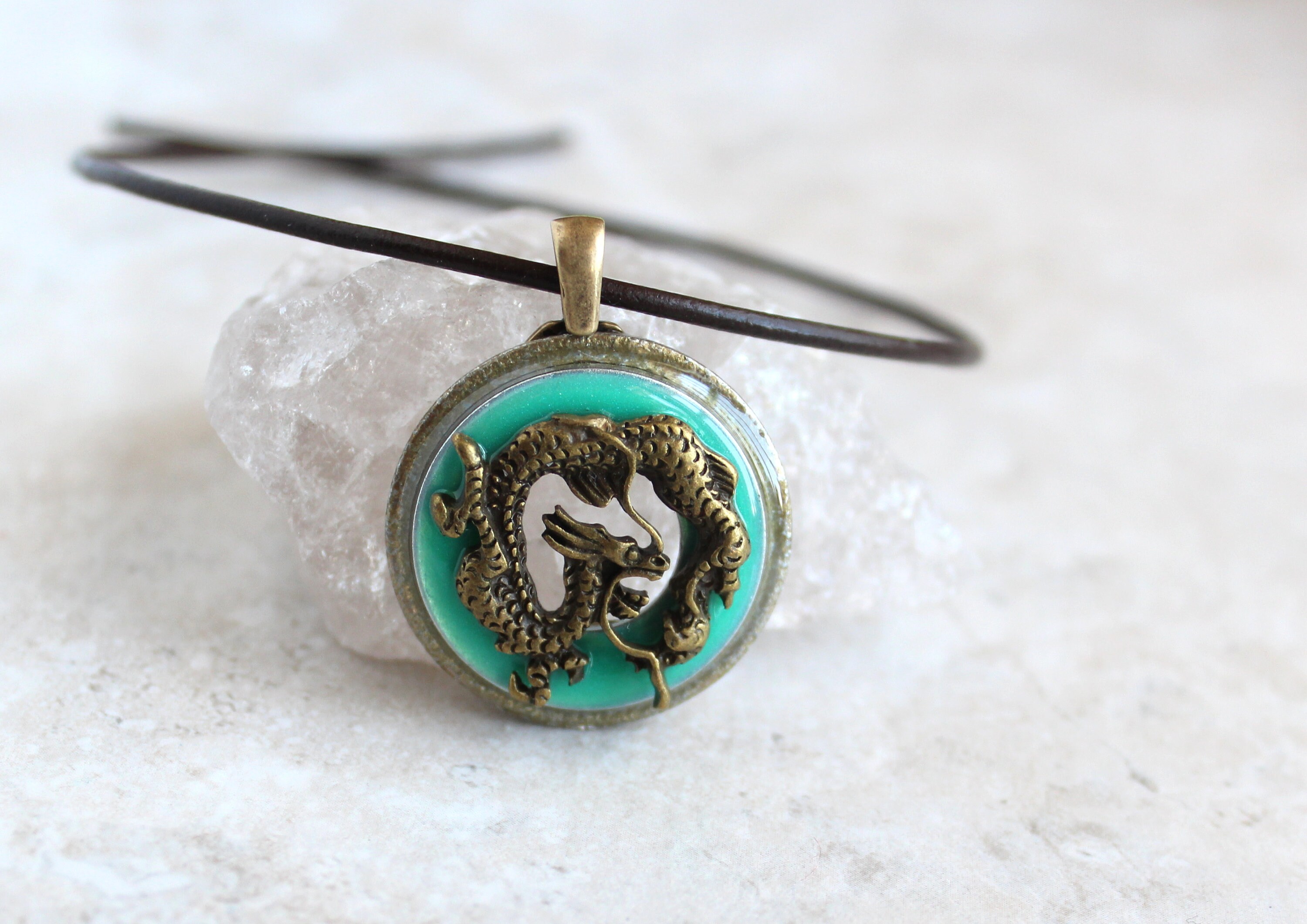 jade green Chinese dragon necklace, dragon pendant, mens necklace, mens