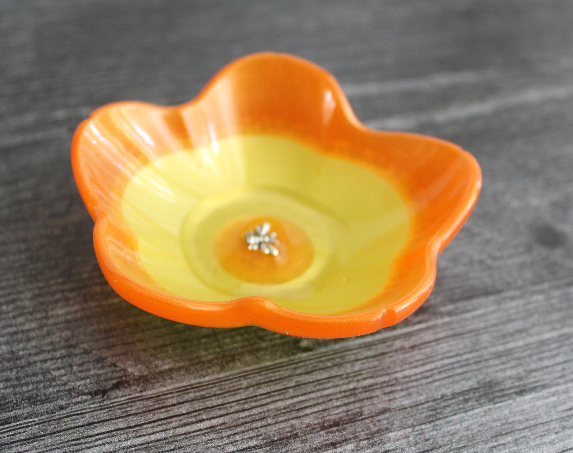 floral ring dish small flower bowl with bee black and gold candle holder trinket dish ring dish knick knack bowl