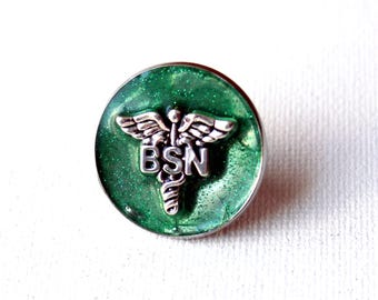 BSN Nursing Pin, Green Caduceus Lapel Pin, Nurse Graduation Gift