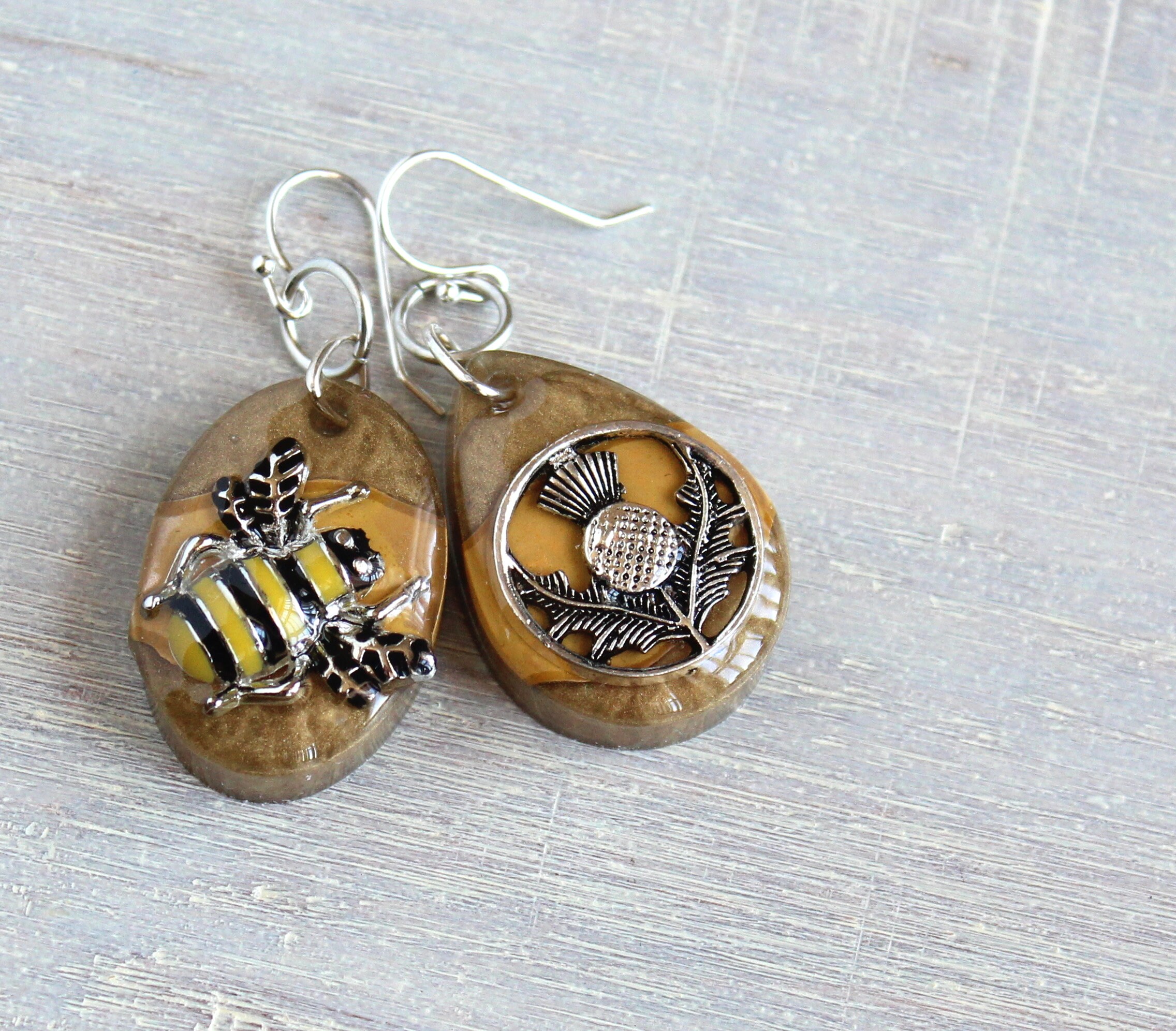Scottish thistle and bee earrings 