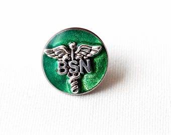 BSN Nursing Pin, Green Caduceus Lapel Pin, Nurse Graduation Gift