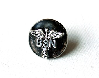 BSN Nursing Pin, Caduceus Lapel Pin, Nurse Graduation Gift, Sparkle Black