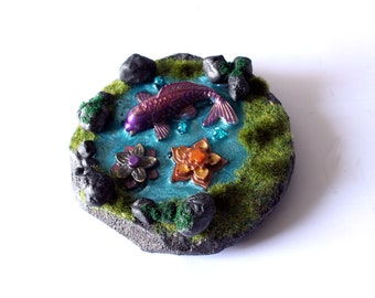 koi pond, unique gift, good luck, koi fish diorama, fishpond for fairy garden