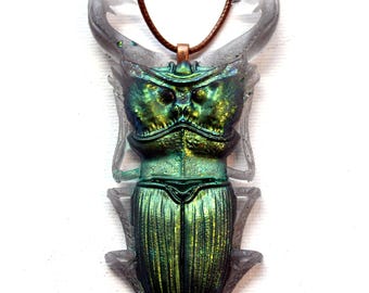 Handmade stag beetle necklace, faux insect pendant in a dark academia style