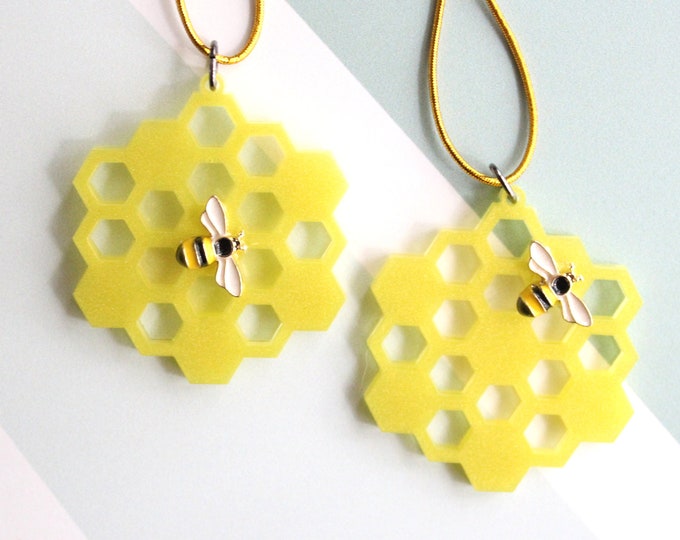 honeycomb ornaments, set of 2, yellow, miniature tree, spring ornaments, summer ornaments