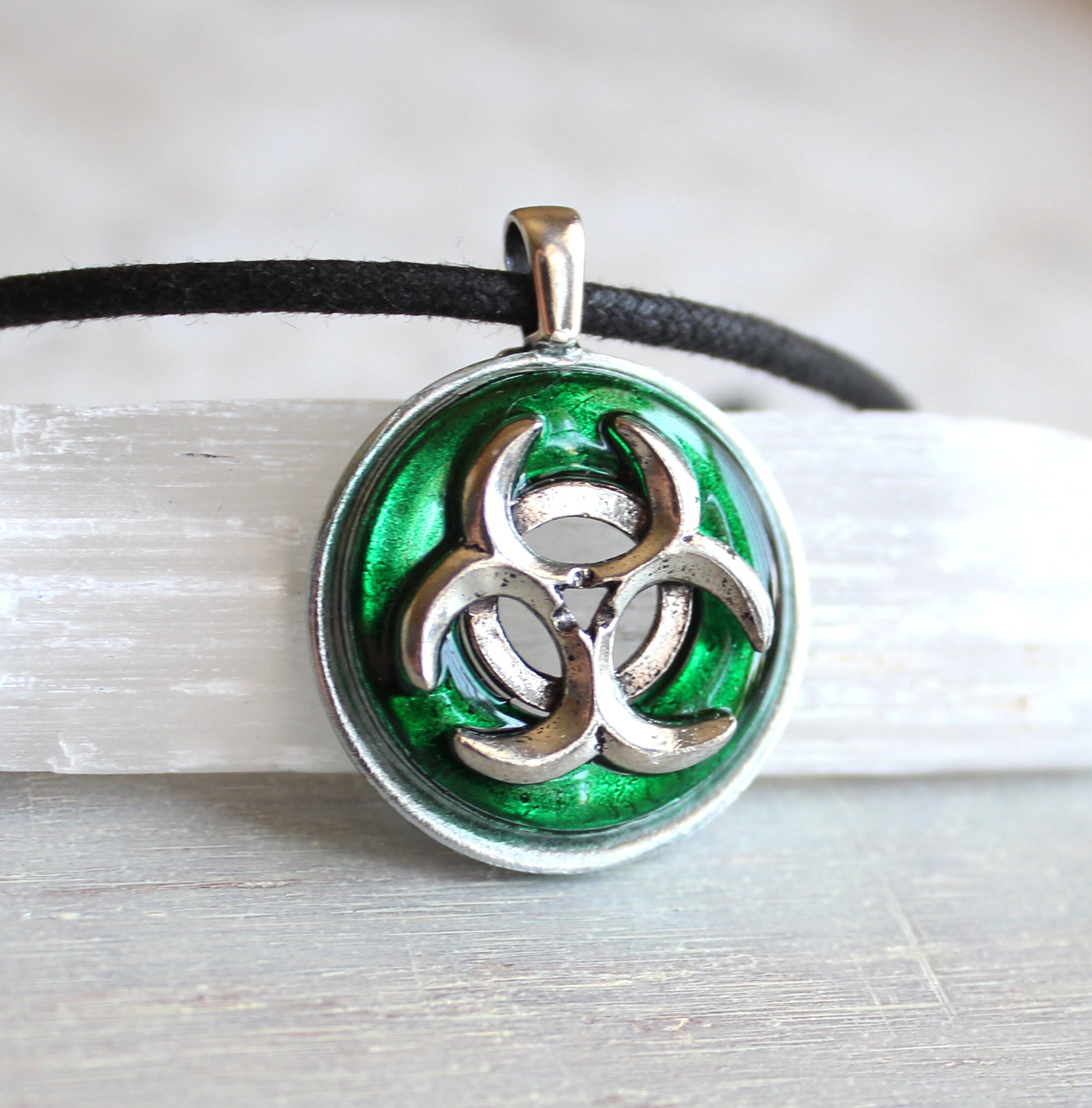 forest green biohazard necklace, post apocalyptic jewelry, festival