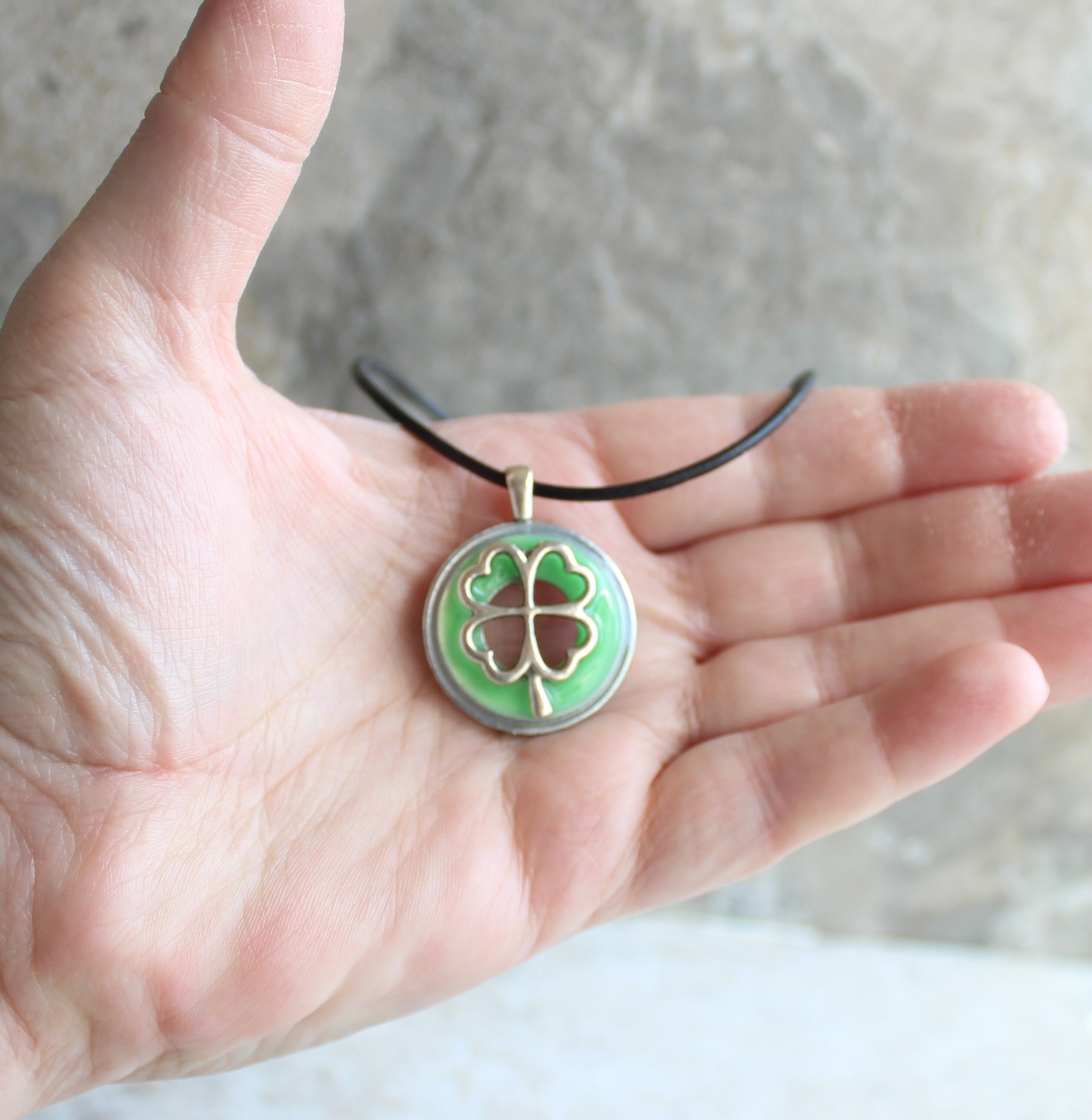 neon green four leaf clover necklace, mens jewelry, mens necklace, good