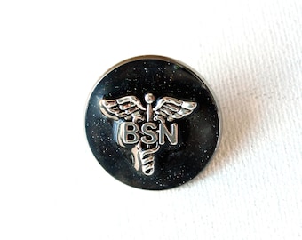 BSN Nursing Pin, Caduceus Lapel Pin, Nurse Graduation Gift, Sparkle Black