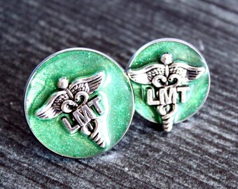 licensed massage therapist LMT lapel pin for white coat pinning ceremony sparkle green