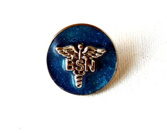 BSN Nursing Pin, Sparkle Blue Caduceus Lapel Pin, Nurse Graduation Gift
