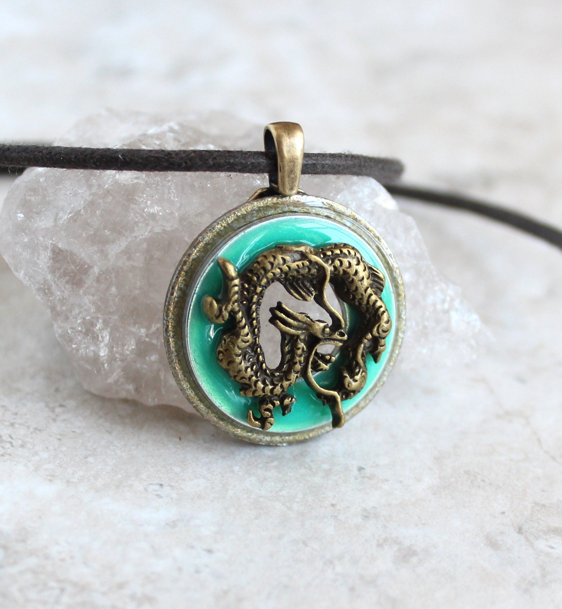 jade green Chinese dragon necklace, dragon pendant, mens