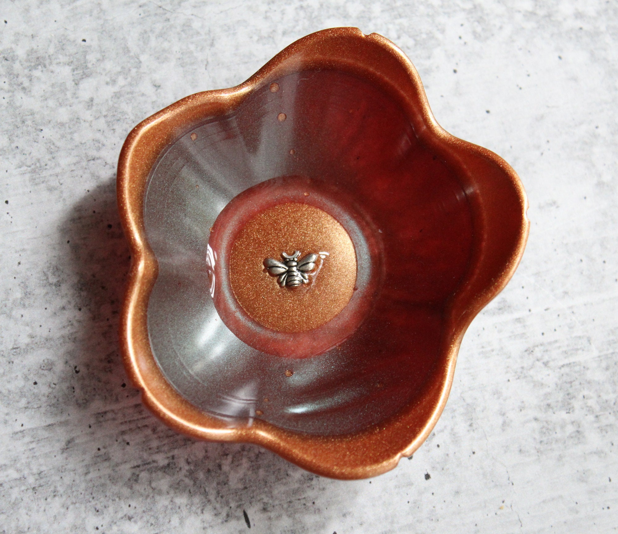 floral ring dish small flower bowl with bee black and gold candle holder trinket dish ring dish knick knack bowl