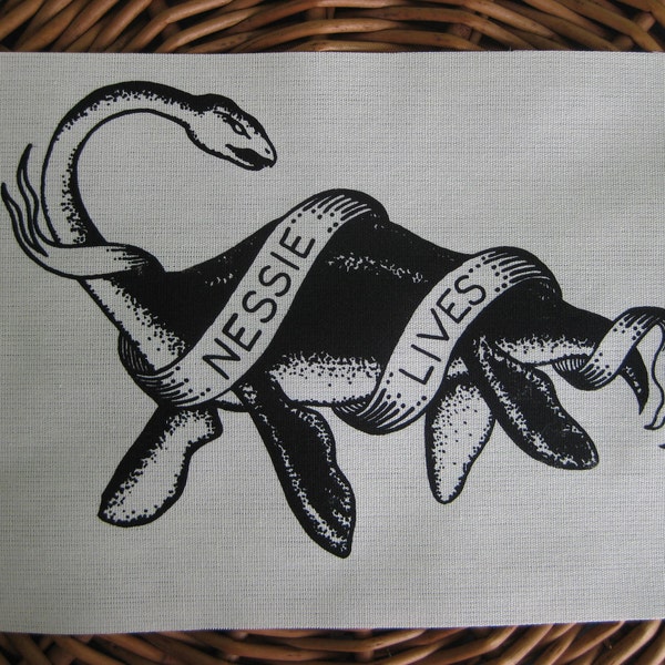 Large Nessie Lives Loch Ness Monster handmade screen printed canvas patch, black on natural.