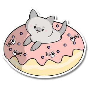 Sticker Kawaii kat donut | Waterdichte vinylsticker