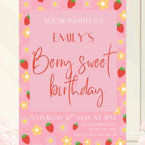 Berry Sweet Birthday Invitation, Editable Birthday Girl Invite, Printable Strawberry Birthday Girl Invitation Template, Kids party invite