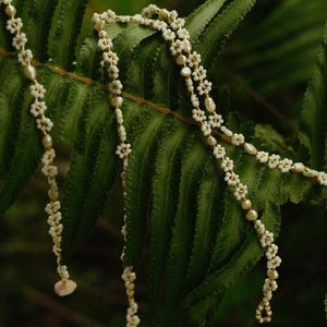 Peut inclure: Gros plan sur des colliers de perles blanches délicates avec des détails floraux et nacrés, drapés sur une feuille de fougère verte. Les colliers ont une chaîne dorée et sont ornés de petites perles blanches en forme de fleurs.