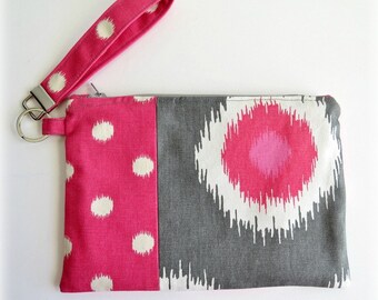 Pink and Gray Fabric Clutch/Wristlet
