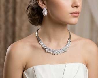 Necklace and Earring set Silver Rhinestone Crystal ,White Pearl Bridal Set /7771
