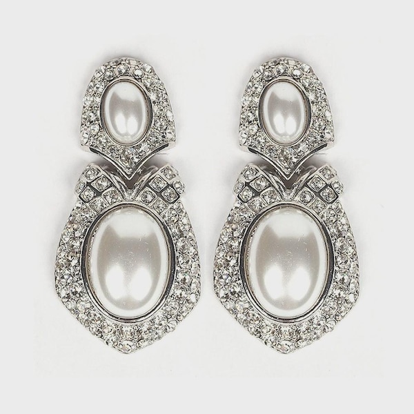 Rhinestone Pearl Earrings Dangle/Drop Clip earrings 2 color option